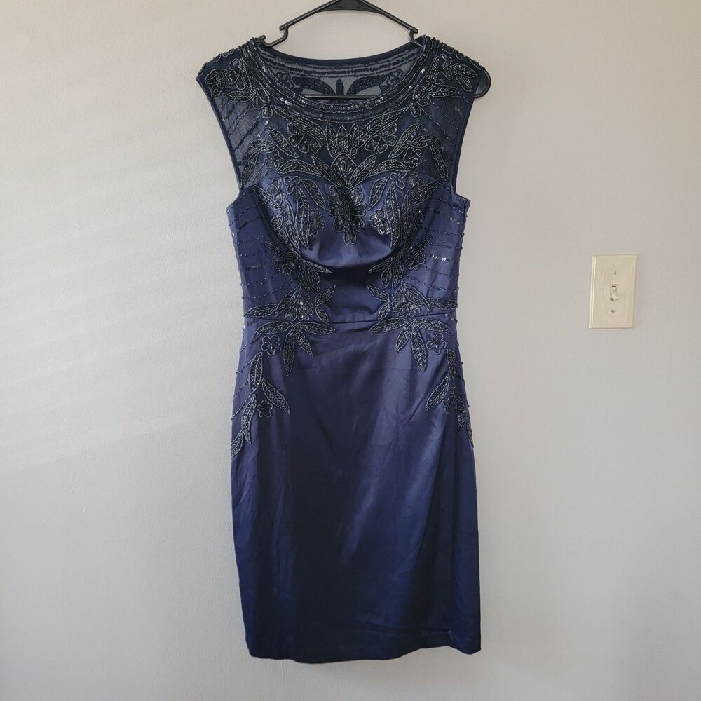 Sue Wong Nocturne Womens Mini Dress Size 4 Blue Beaded Hemmed Floral Evening